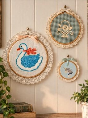 Vintage Embroidery Hoop Wall Art Set of 3 Swan Basket Unicorn Lace Cottagecore